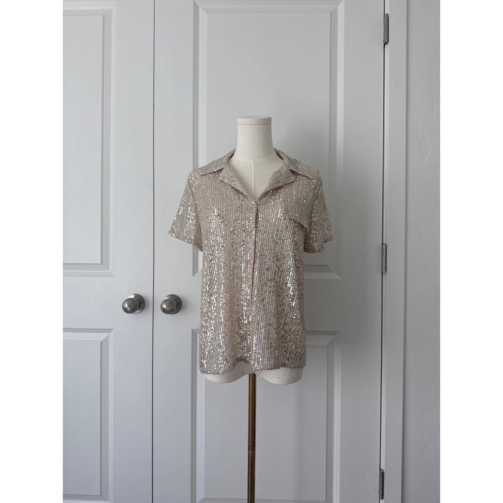 INC Bedazzled Sequin Blouse Barbiecore Fairycore Disco Glam Bejeweled Angelcore